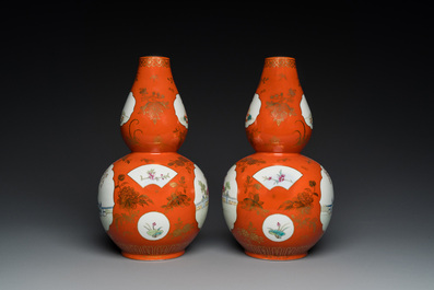 A pair of Chinese coral-ground famille rose double gourd vases, Qianlong mark, Republic