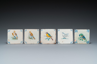 Nine polychrome Dutch Delft 'bird' tiles, 17th C.