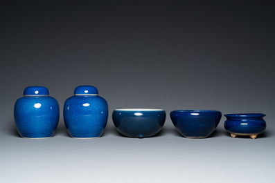 A pair of Chinese powder-blue-glazed jars and covers and three censers, 19/20th C.