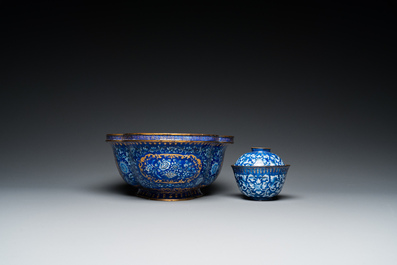 A Chinese blue-ground Canton enamel basin and a covered bowl on stand, Qianlong/Jiaqing