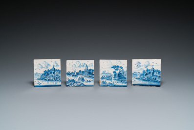 Nine blue and white Dutch Delft tiles with continuous landscape scenes, 18th C.