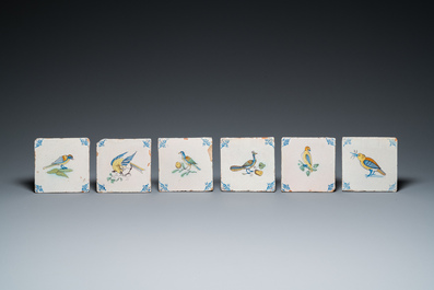Twelve polychrome Dutch Delft 'bird' tiles, 17th C.