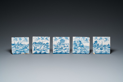 25 blue and white Dutch Delft tiles with continuous landscape scenes, 18th C.
