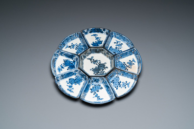 A Japanese blue and white Arita nine-piece sweetmeat set in its original lacquer box, Edo, 17/18th C.