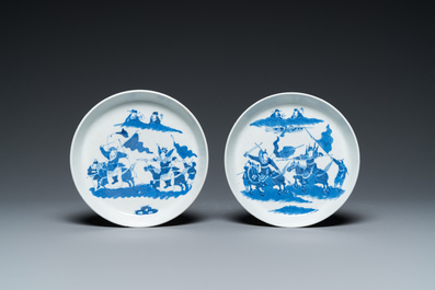 Three Chinese blue and white 'Bleu de Hue' bowls and two dishes for the Vietnamese market, 19th C.
