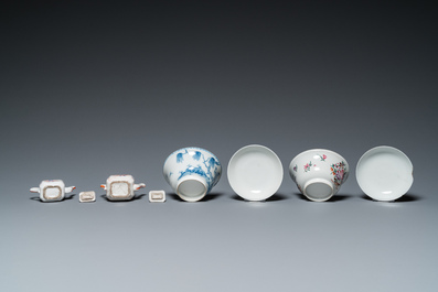 Een uitgebreide collectie overwegend blauw-wit en famille rose Chinees porselein, Kangxi en later
