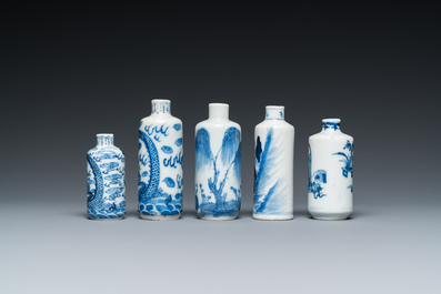 Five Chinese blue and white snuff bottles, 19th C.