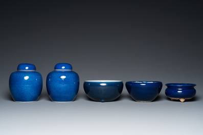 A pair of Chinese powder-blue-glazed jars and covers and three censers, 19/20th C.