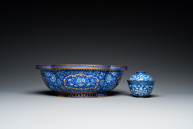 A Chinese blue-ground Canton enamel basin and a covered bowl on stand, Qianlong/Jiaqing