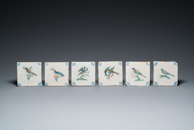 Twelve polychrome Dutch Delft 'bird' tiles, 17th C.