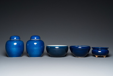 A pair of Chinese powder-blue-glazed jars and covers and three censers, 19/20th C.