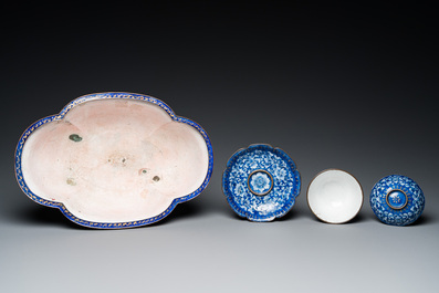 A Chinese blue-ground Canton enamel basin and a covered bowl on stand, Qianlong/Jiaqing