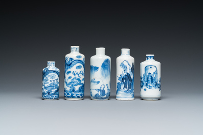 Five Chinese blue and white snuff bottles, 19th C.