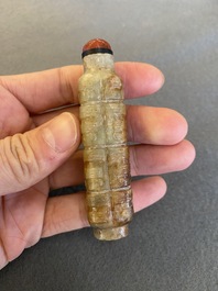 A Chinese celadon and russet jade 'cong' snuff bottle, probably Qing