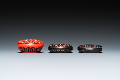 Five pieces of Chinese red cinnabar lacquer, 20th C.