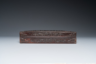 A Chinese partly zitan wood 'Five bats and Shou' box and cover, Qing