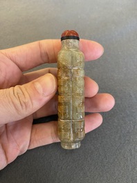 A Chinese celadon and russet jade 'cong' snuff bottle, probably Qing