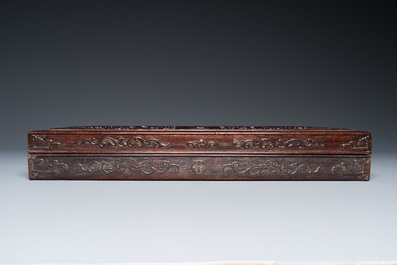 A Chinese partly zitan wood 'Five bats and Shou' box and cover, Qing