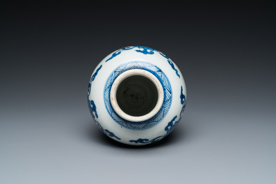 A Chinese blue and white 'cranes' vase and a pair of plates, Kangxi