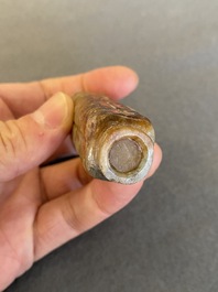A Chinese celadon and russet jade 'cong' snuff bottle, probably Qing