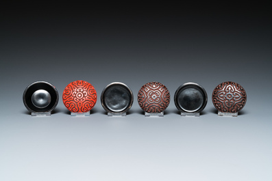 Five pieces of Chinese red cinnabar lacquer, 20th C.