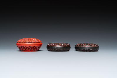 Five pieces of Chinese red cinnabar lacquer, 20th C.