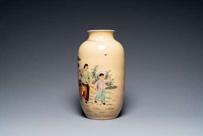 Three Chinese vases with Cultural Revolution design, one signed Wu Kang 吳康, dated 1970, 1971 and 1973