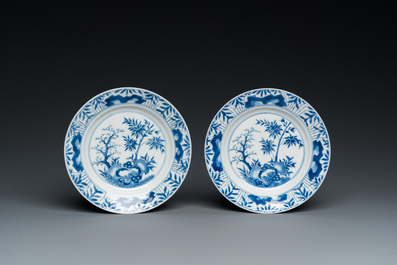A pair of Chinese blue and white 'bamboo' plates, Chenghua mark, Kangxi