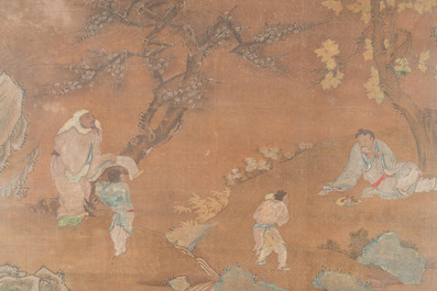 Chinese school: 'Gathering of the sages in four landscapes representing the four seasons', ink and colour on silk, 18th C.