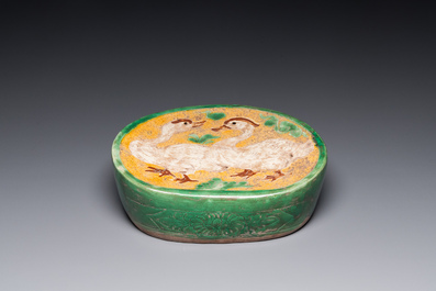A Chinese sancai 'mandarin ducks' pillow, possibly Dangyangyu kilns, Henan, Song or later