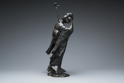 A large Japanese bronze okimono of a musician, Shinpūsei 森風聲作 mark, Meiji, 19th C.