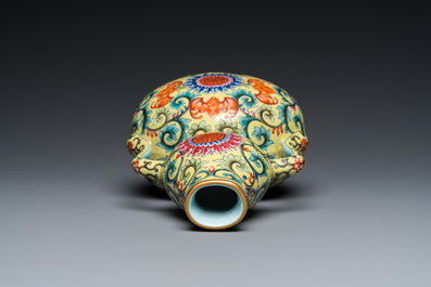 A Chinese yellow-ground famille rose moonflask vase, 'bianhu', Qianlong mark, Republic
