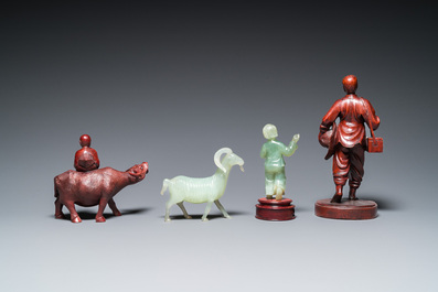 Neuf sculptures de la R&eacute;volution Culturelle en bois, jade et pierre &agrave; savon, Chine