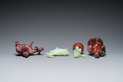Neuf sculptures de la R&eacute;volution Culturelle en bois, jade et pierre &agrave; savon, Chine