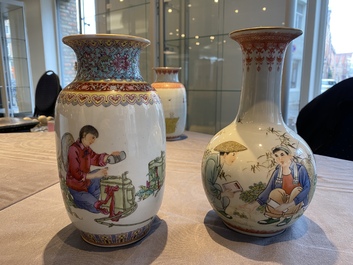Vier Chinese vazen met Culturele Revolutie decor van boeren en kinderen, Zhong Guo Jing De Zhen Zhi 中國景德鎮製 merk, 20e eeuw