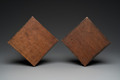 A pair of rare rhombus-shaped Malines alabaster portrait carvings, signed Tobias Tissenaken, end of the 16th C.
