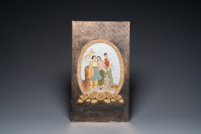 Two Chinese plaques with Cultural Revolution design on a partly gilt ground