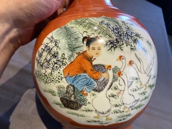 Three Chinese Cultural Revolution vases, one signed Cheng Guang 程光, one dated 1974