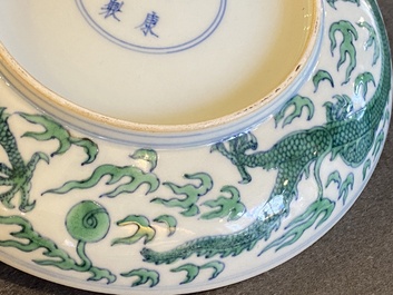 A Chinese doucai-green 'dragon' dish, Kangxi mark and probably of the period
