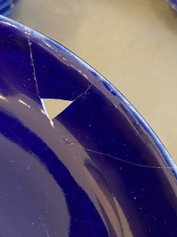 Four Chinese monochrome blue-glazed plates and eight saucers, Guangxu mark and of the period