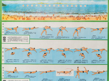 Five Chinese Cultural Revolution propaganda posters with swimming and gymnastics instructions