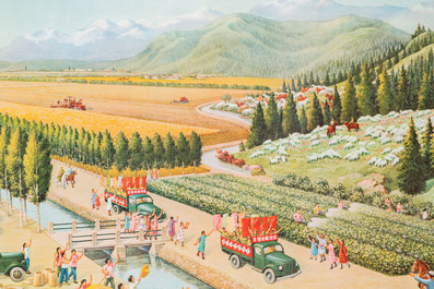 Five Chinese Cultural Revolution propaganda posters with swimming and gymnastics instructions