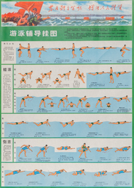Five Chinese Cultural Revolution propaganda posters with swimming and gymnastics instructions