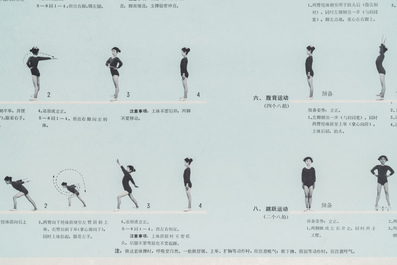 Five Chinese Cultural Revolution propaganda posters with swimming and gymnastics instructions