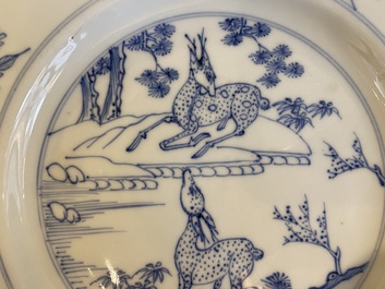A pair of Chinese blue and white 'deer' plates, Yongzheng