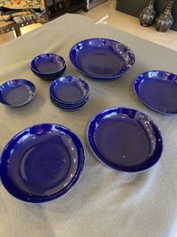 Four Chinese monochrome blue-glazed plates and eight saucers, Guangxu mark and of the period