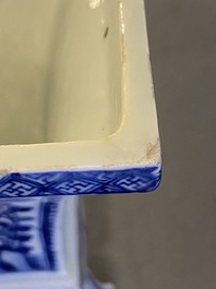 A Chinese blue and white square 'gu' vase with erotical scene on the base, Kangxi