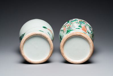 A pair of Chinese famille verte vases with ladies and playing boys, 19th C.