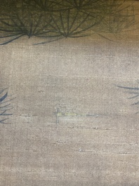 Chinese school: 'Cranes under a pine', ink and colour on silk, Ming