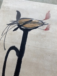 Navolger van Qi Baishi 齊白石 (1864-1957): 'Een olielamp met twee motten', inkt en kleur op papier